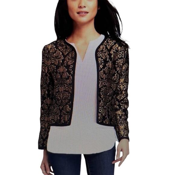 Old Navy Jacket Women Medium Jacquard Open Front Blazer Black Gold Office, party - Picture 3 of 15